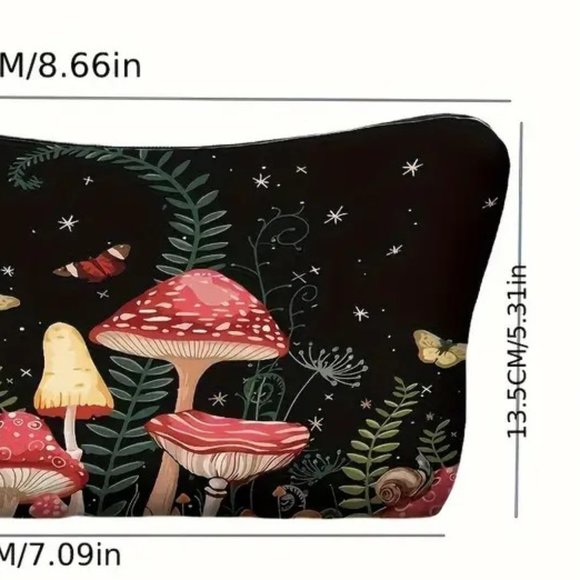 Mushroom Cosmetic Bag Forest Makeuo Pouch Travel Black Light Wonderland Trippy - Picture 2 of 2